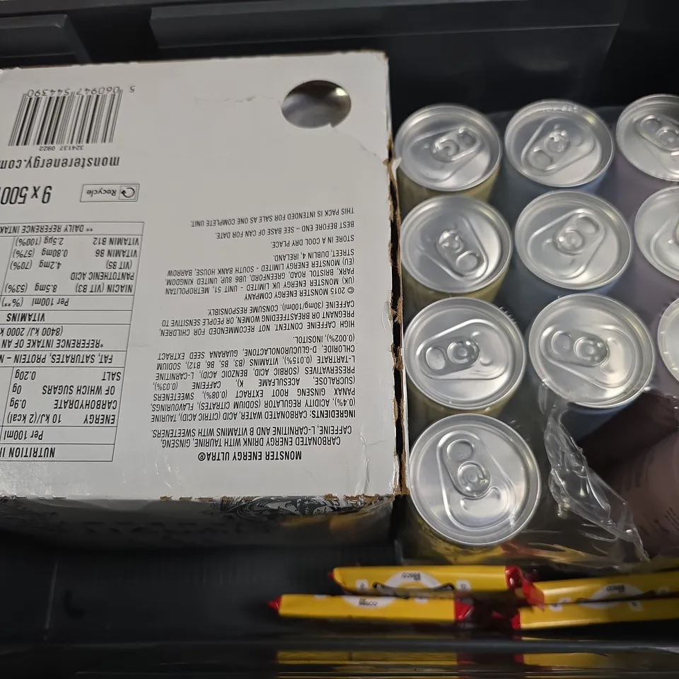 APPROXIMATELY 16 ASSORTED FOOD & DRINK ITEMS TO INCLUDE - MONSTER ENERGY , TRIP , TAKE A BREAK ETC