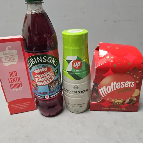 APPROXIMATELY 8 ASSORTED FOOD & DRINK ITEMS TO INCLUDE - MALTESERS , ROBINSONS SUMMER FRUITS , SODASTREAM 7UP ZERO ETC