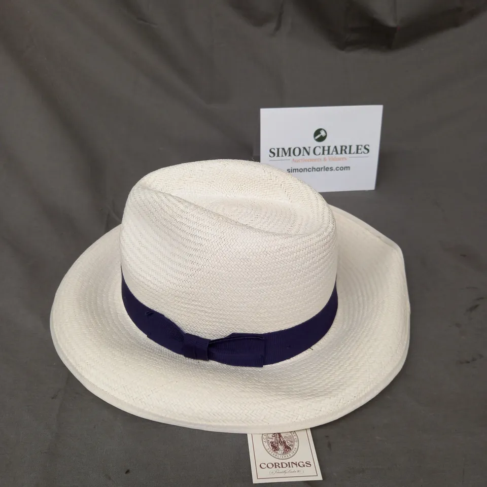 CORDINGS WOVEN FEDORA HAT IN IVORY/NAVY CONTRAST BAND