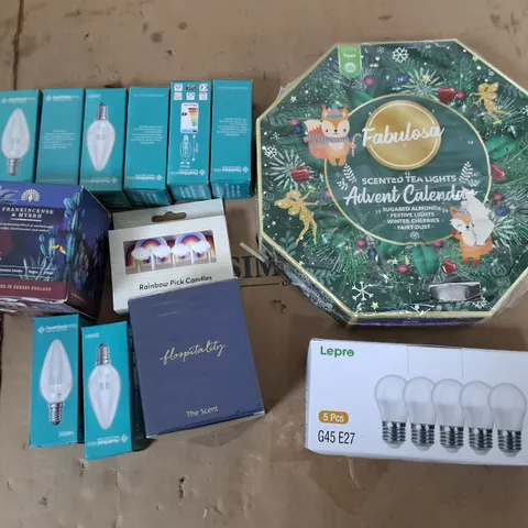 APPROXIMATELY 10 ASSORTED HOUSEHOLD ITEMS TOO INCLUDE ADVENT CALENDAR, LIGHTBULBS, AND CANDLES ETC.
