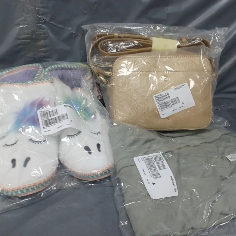 APPROXIMATELY 10 ASSORTED CLOTHING ITEMS TO INCLUDE SLIPPERS, BAGS, DUSTERS, ETC