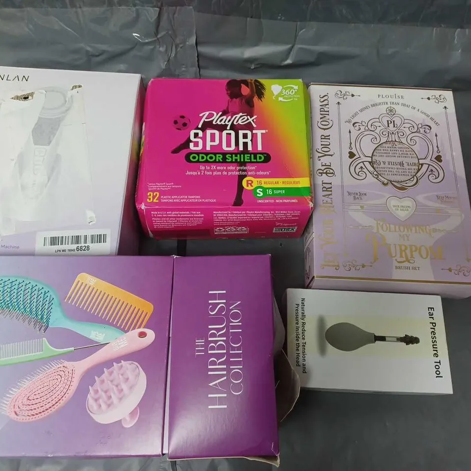 LOT OF 5 ASSORTED HEALTH AND BEAUTY ITEMS TO INCLUDE HAIRBRUSHES, EAR PRESSURE TOOL AND PLAYTEX SPORT ODOR SHIELD