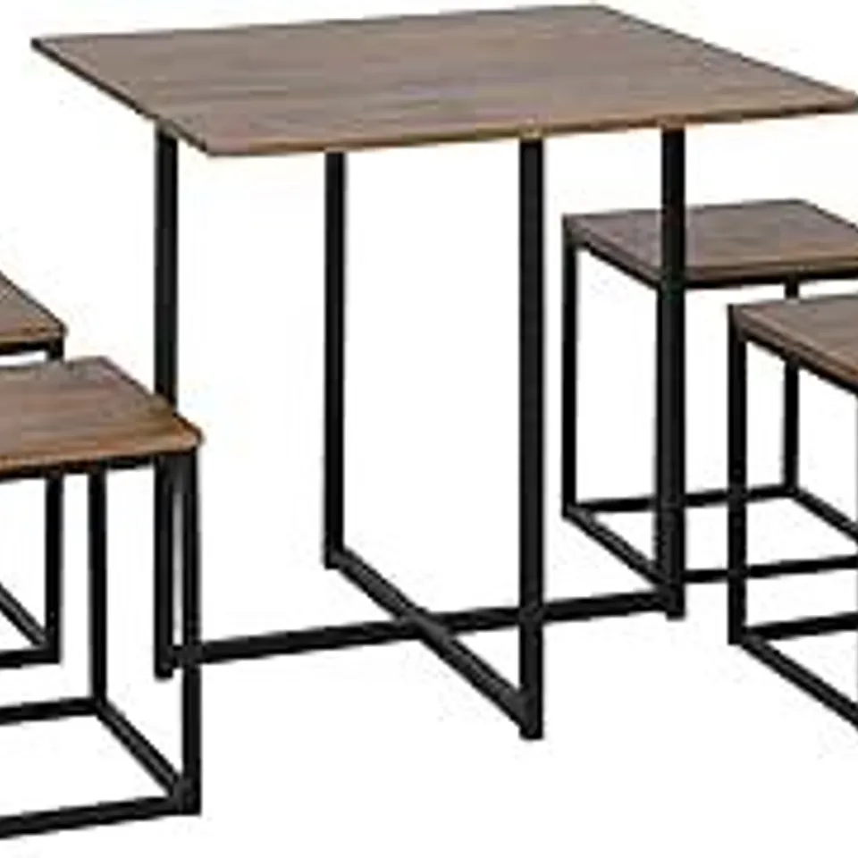 BOXED HOMCOM 5 PIECE DINING TABLE AND CHAIRS SET 4, INDUSTRIAL SPACE SAVING TABLE AND CHAIRS WITH METAL FRAME, SQUARE KITCHEN TABLE AND STOOLS FOR DINING ROOM, BROWN