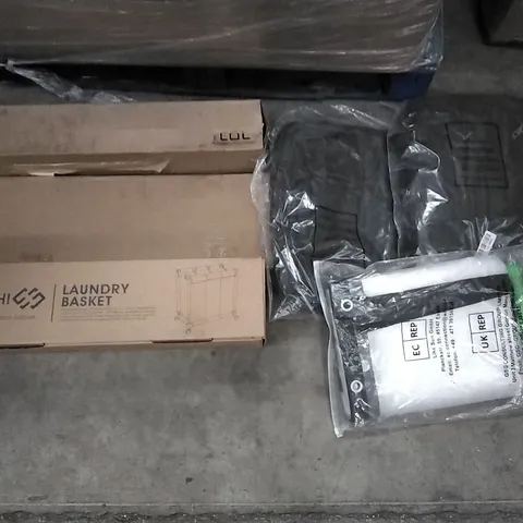 PALLET OF ASSORTED ITEMS INCLUDING SHUSHI LAUNDRY BASKET, KINGSTON CHROME SPOTLIGHT, EARTH PAK BACKPACK, CLEAR TARPIN SHEET, EXTRA LARGE BASKET