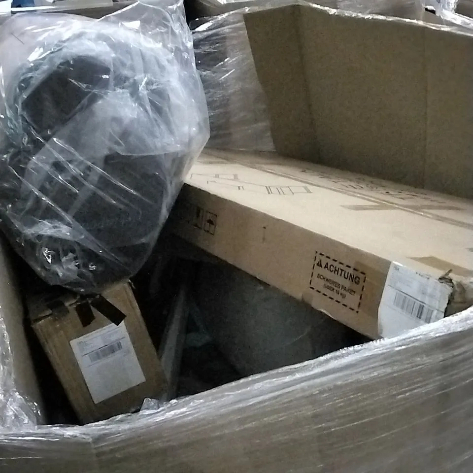 PALLET OF ASSORTED ITEMS INCLUDING COMPUTER ROOM DESK, WINDOW FILM, AICOK JUICE EXTRACTOR, DALSTRONG COOKWARE POT AND HEATED BLANKET