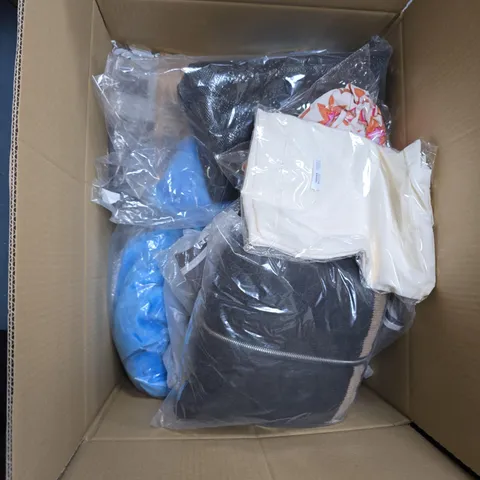 BOX OF APPROXIMATELY 15 ASSORTED ITEMS TO INCLUDE: SHOWER CURTAIN WITH RINGS 