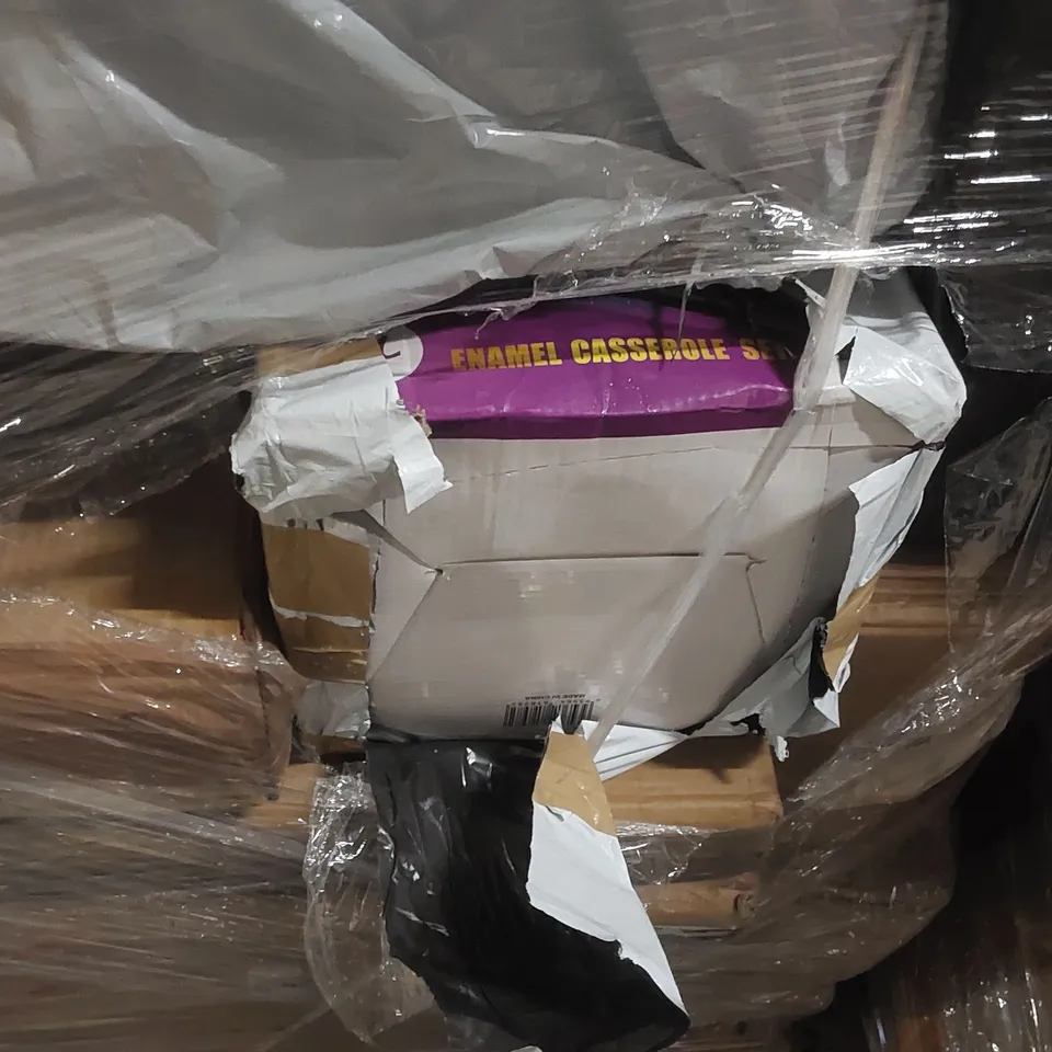 PALLET TO CONTAIN HOUSEHOLD FLAT-PACKED FURNITURE AND HOMEWERE TO INCLUDE; PRAM, ENAMEL CASSEROLE SET ECT