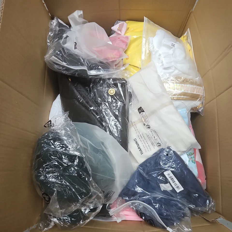 LARGE BOX OF APPROXIMATELY 20 ASSORTED CLOTHING ITEMS IN VARIOUS SIZES, STYLES AND COLOURS