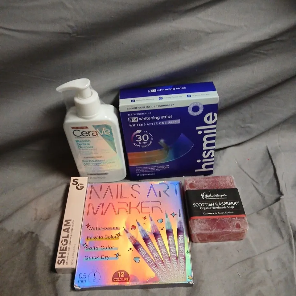APPROXIMATEY 20 ASSORTED HEALTH AND BEAUTY PRODUCTS TO INCLUDE - CERAVE BLEMISH CONTROL CLEANSER - HISMILE WHITENING STRIPS AND SHEGLAM LIP LINER