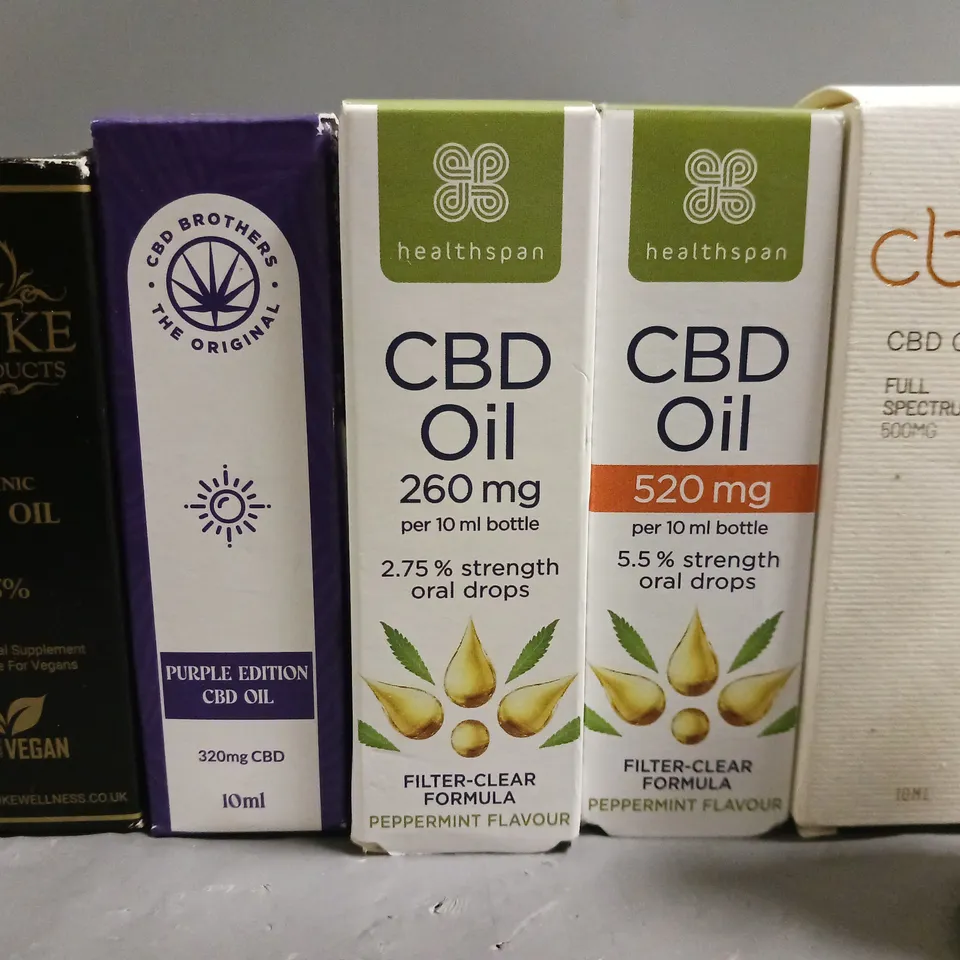 LOT OF 10 ASSORTED CBD OILS AND DROPS IN VARYING STRENGTHS AND SIZES