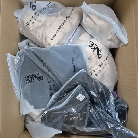 LARGE BOX OF ASSORTED CLOTHING ITEMS IN VARIOUS SIZES, STYLES AND COLOURS
