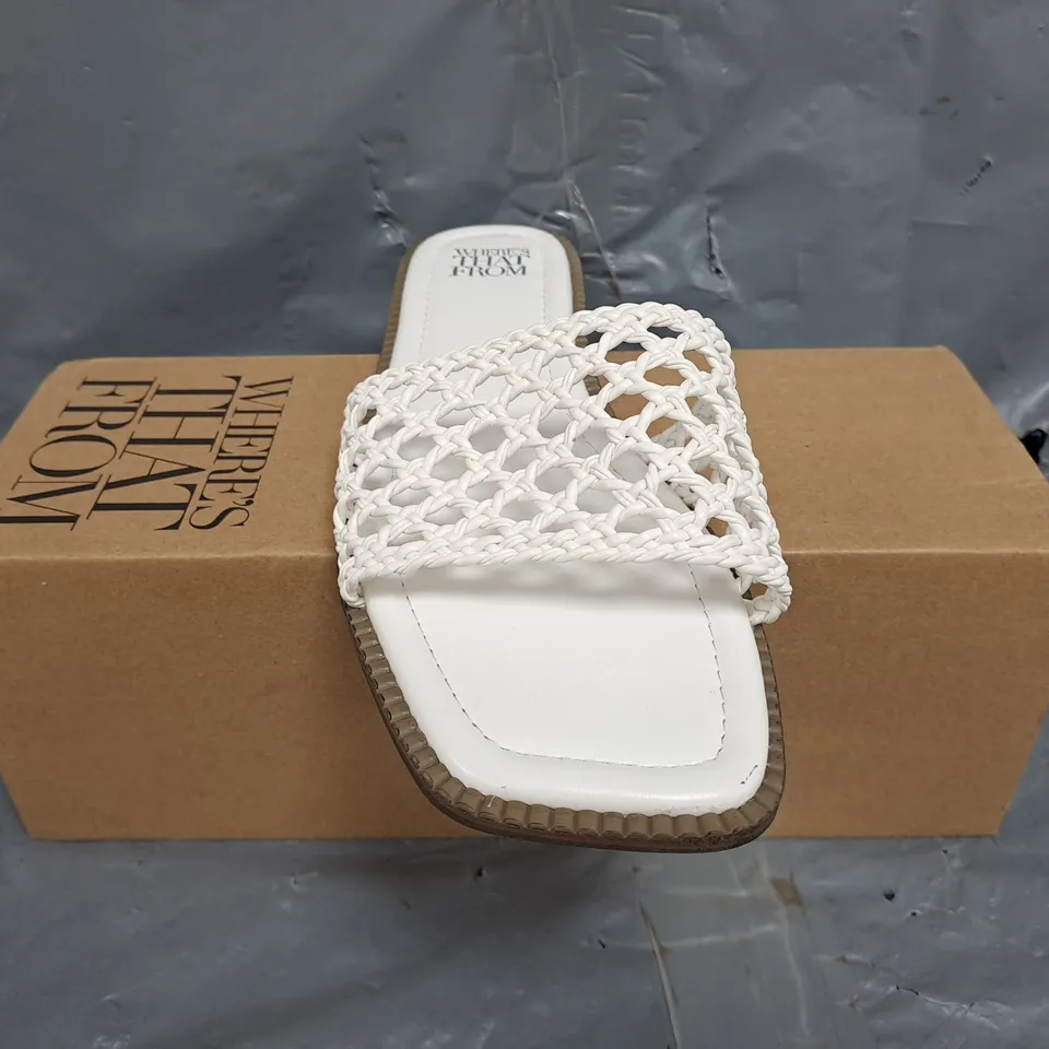 BOXED PAIR OF WHERE'S THAT FROM OPEN TOE FLAT SANDALS IN WHITE SIZE UK 8
