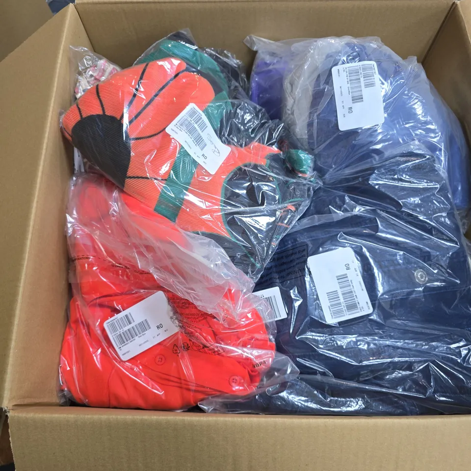 BOX OF APPROXIMATELY 20 ASSORTED CLOTHING ITEMS IN VARIOUS STYLES , COLOURS AND SIZES