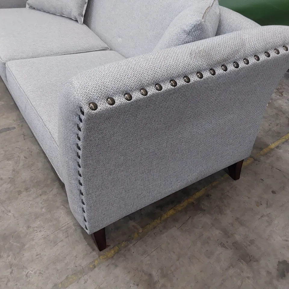 DESIGNER FOUR SEATER SOFA GREY FABRIC WITH STUDDED DETAIL 