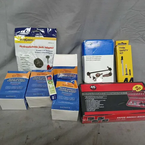 APPROXIMATELY 10 ASSORTED VEHICLE PARTS & ACCESORIES TO INCLUDE DELPHI TECHNOLOGIES STEERING AND SUSPENSION, NGK TWHO WHEEL IMMUNITY BOOSTER, TYRE SAFETY KIT, ETC