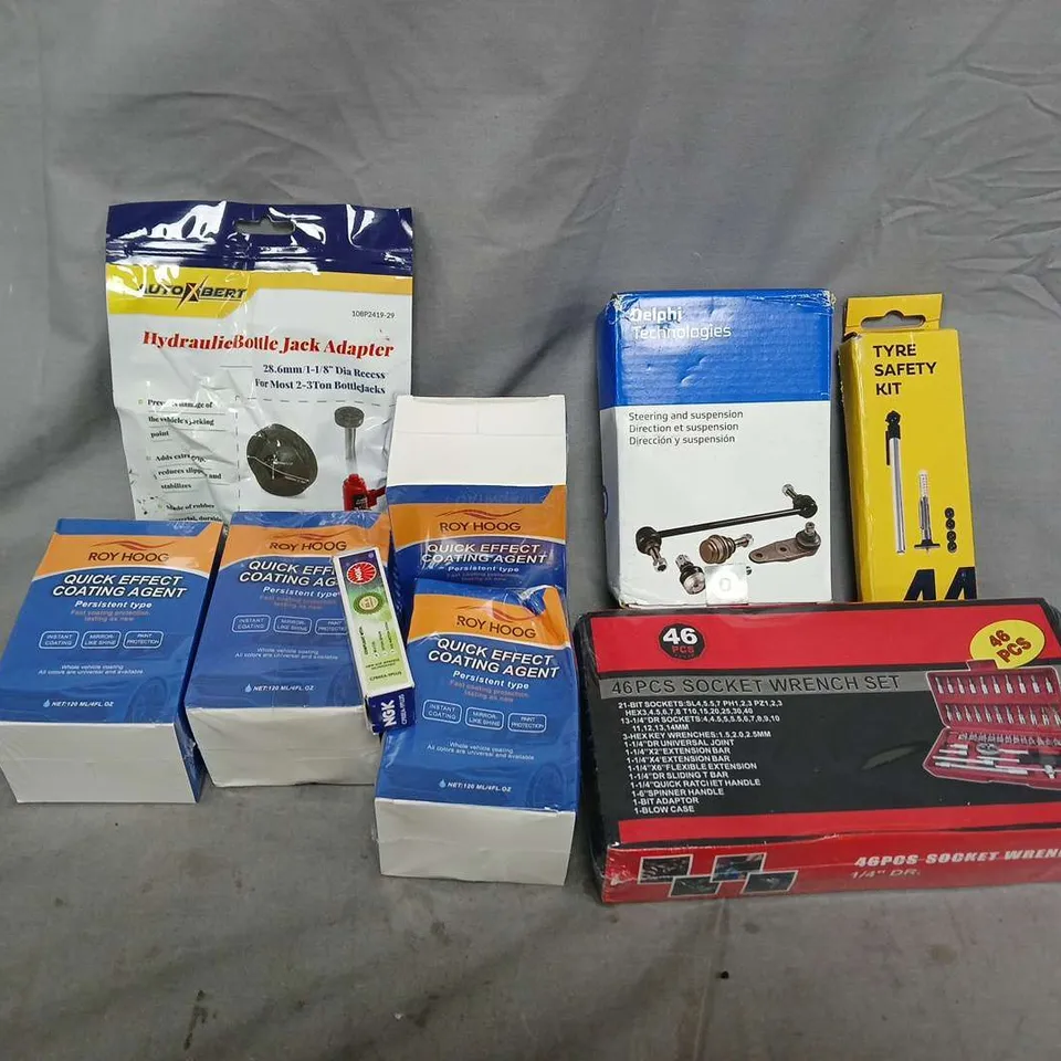 APPROXIMATELY 10 ASSORTED VEHICLE PARTS & ACCESORIES TO INCLUDE DELPHI TECHNOLOGIES STEERING AND SUSPENSION, NGK TWHO WHEEL IMMUNITY BOOSTER, TYRE SAFETY KIT, ETC