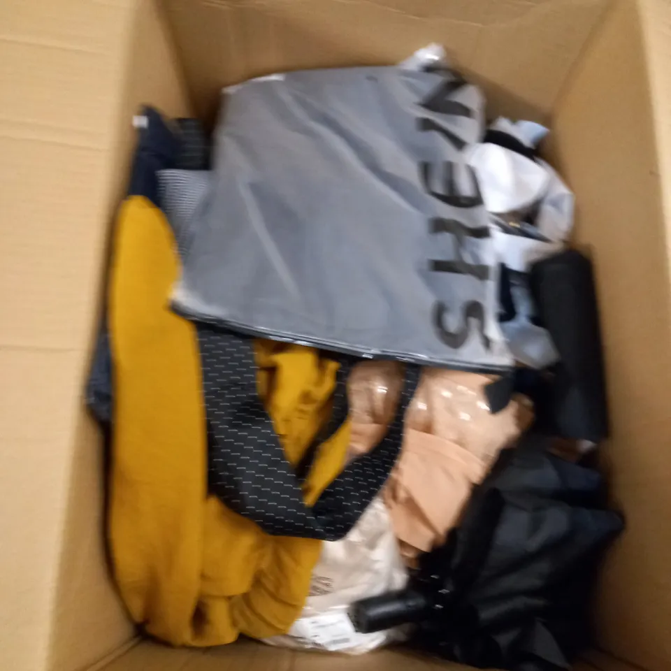 BOX OF ASSORTED CLOTHING ITEMS TOO INCLUDE JUMPERS, SHIRTS AND TROUSERS IN VARIOUS SIZES AND COLOURS   