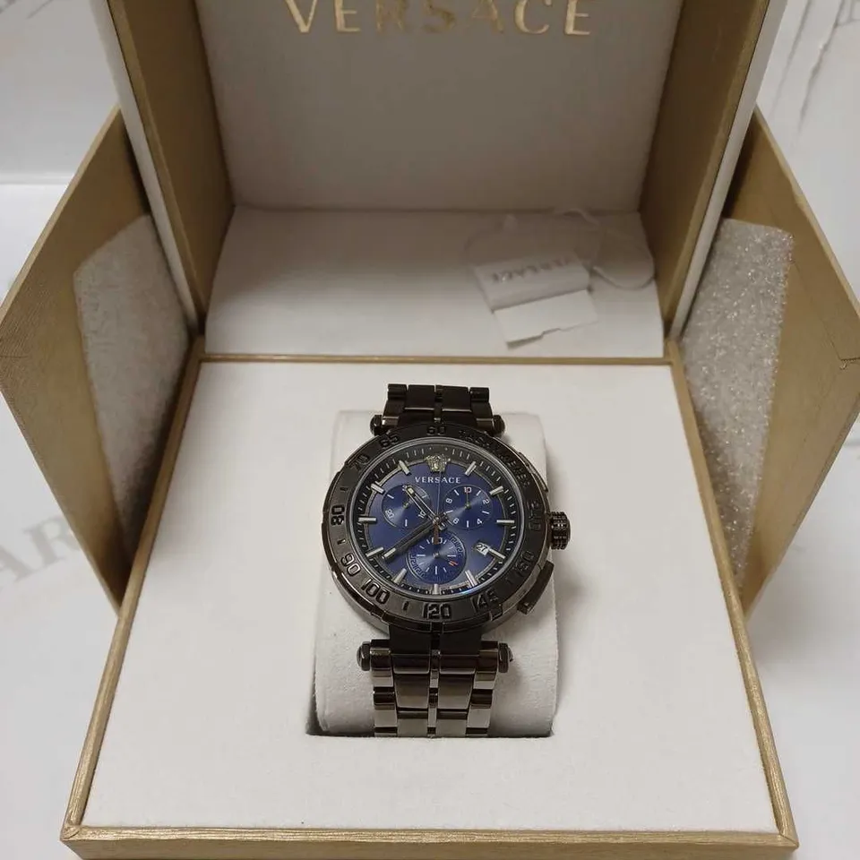 VERSACE GRECA-CHRONO 45 MM MENS BLUE DIAL IP BRACELET WATCH RRP £1150