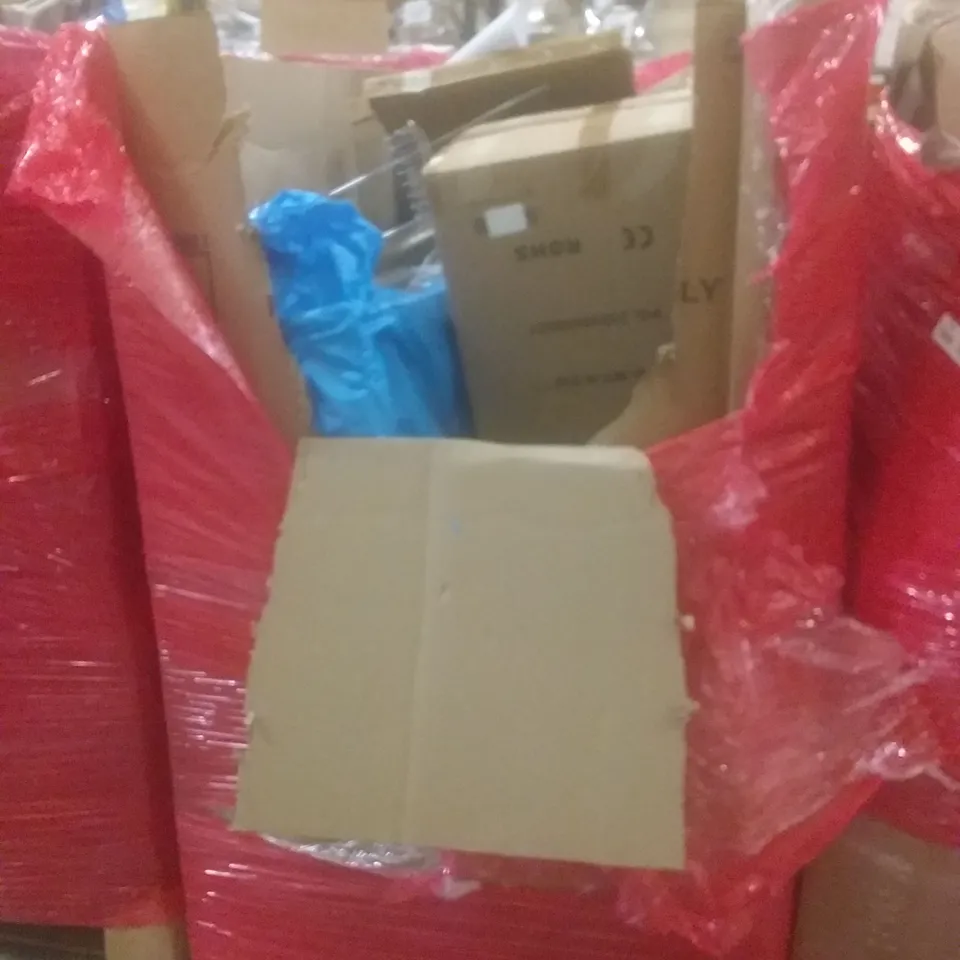 PALLET OF ASSORTED HOUSEHOLD PRODUCTS AND ITEMS, INCLUDING; VACUUM CLEANER, BOXED FURNITURE ETC