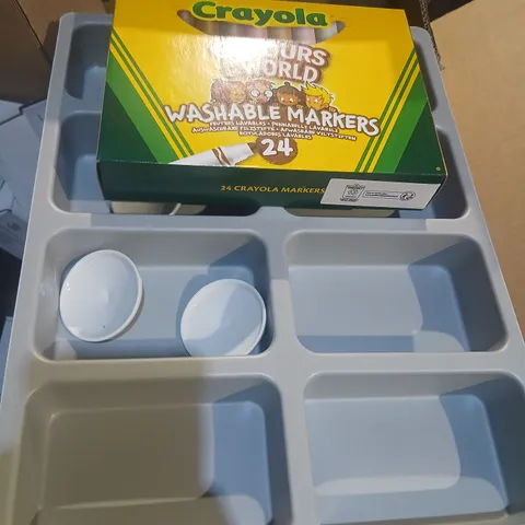 LARGE QUANTITY OF ASSORTED EDUCATIONAL PRODUCTS TO INCLUDE;DESK TIDY, CRAYOLA WASHABLE MARKERS AND BLACK FOLDBACK CLIPS