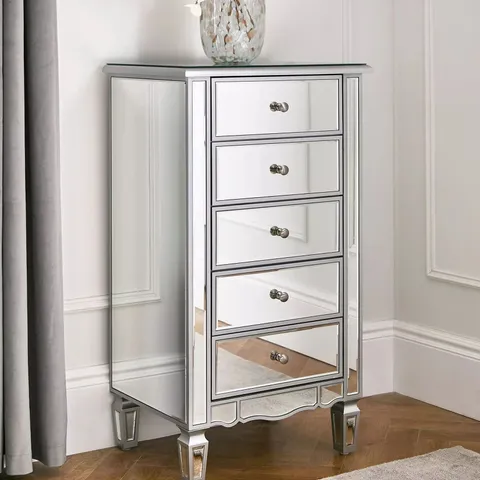 BOXED MIRAGE MIRRORED TALL 5 DRAWER CHEST - SILVER (1 BOX)