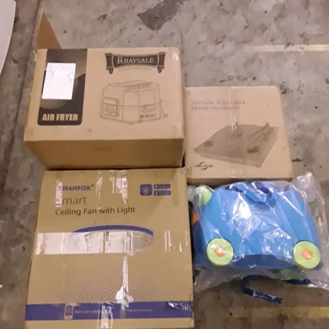 PALLET OF ASSORTED PRODUCTS INCLUDING AIR FRYER, CEILING FAN WITH LIGHT, TRUNKI KIDS SUITCASE, VINTAGE TURNTABLE, CHAMBER VACUUM SEALER