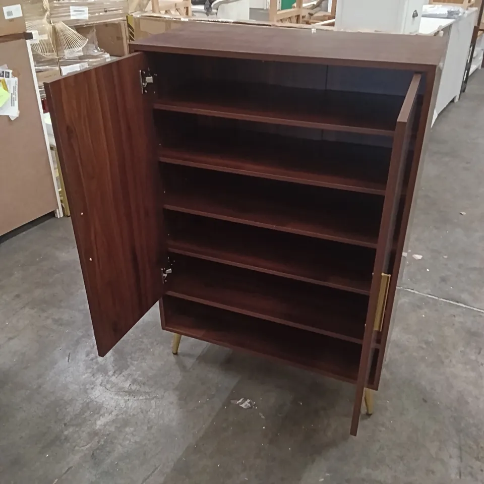 DARK WOOD CABINET WITH DOUBLE DOORS AND OPEN SHELF - LEGS UNEVEN 