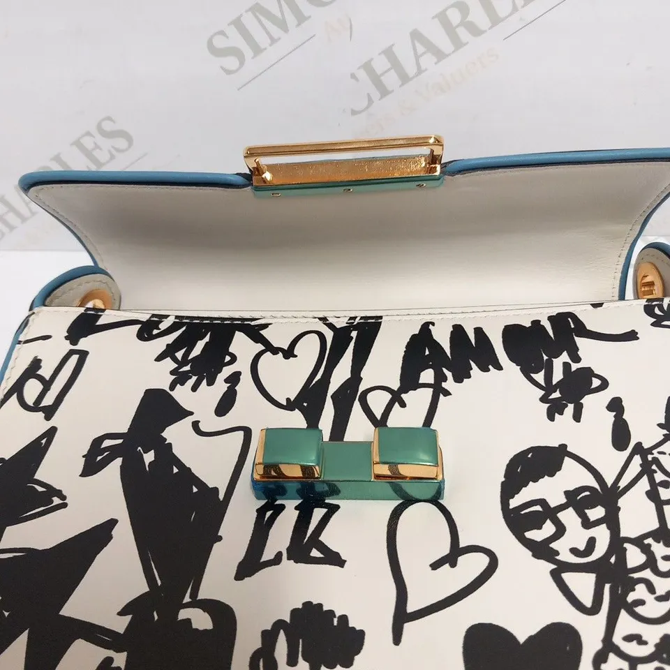 LANVIN WHITE AND BLACK GRAFITTI MINI LEATHER SATCHEL