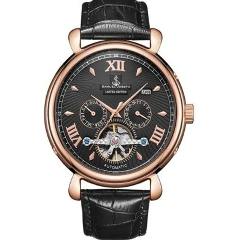 SAMUEL JOSEPH LIMITED EDITION AUTOMATIC DESIGNER BLACK LEATHER STRAP WRISTWATCH	