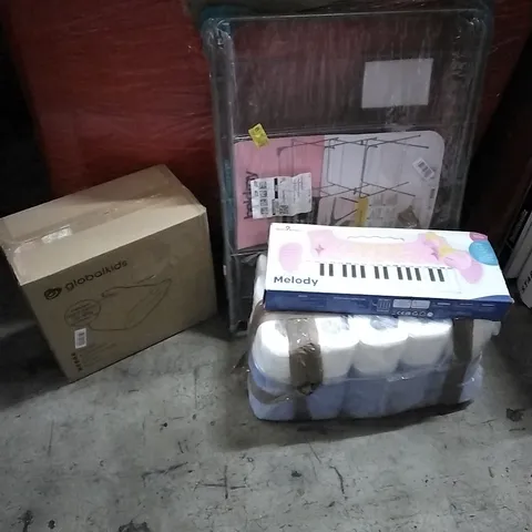 PALLET OF HOUSEHOLD ITEMS TO INCLUDE TOILET ROLLS,CAR SEAT, TOY KEYBOARD, CLOTHES DRYER AND OTHER ASSORTED ITEMS...