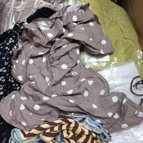 LARGE BOX OF ASSORTED CLOTHING TO INCLUDE - DRESSES - TOPS COATS - PANTS - SHORTS