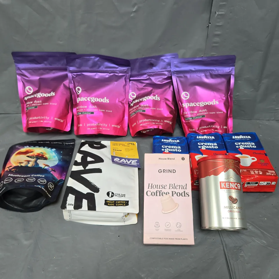 APPROXIMATELY 8 ASSORTED COFFEE PRODUCTS TO INCLUDE SPACEGOODS, MYRACLE, AND GRIND ETC.