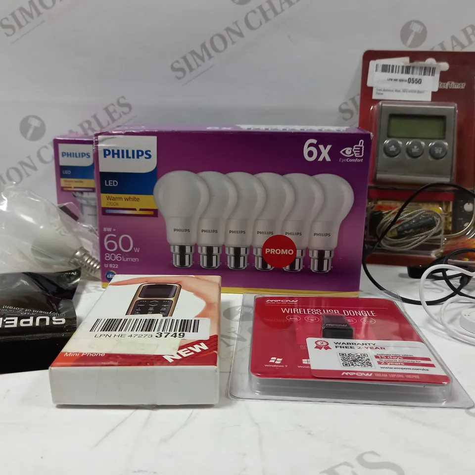 BOX OF APPROX 8 ITEMS TO INCLUDE PHILIPS 6X60W BULBS, MPOW WIRELESS USB DONGLE, SUPER BASS IN EAR HEADPHONES