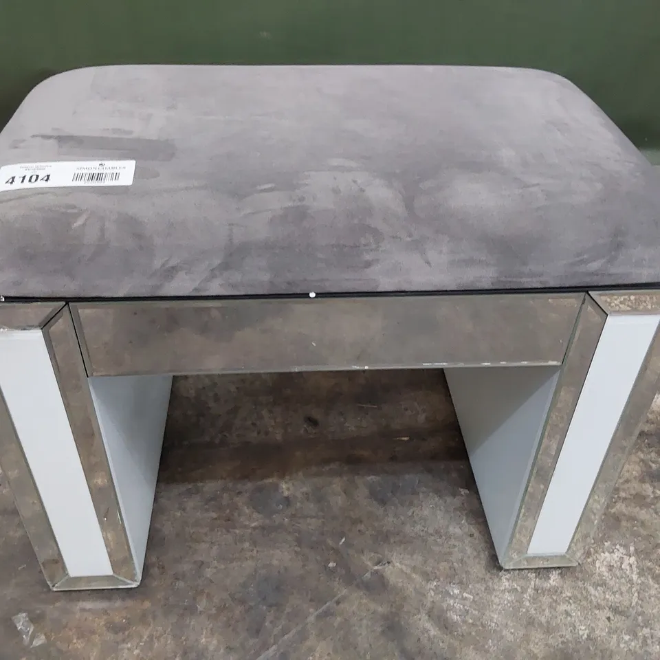 DESIGNER DRESSING TABLE STOOL MIRROR/WHITE GLASS GREY FABRIC UPHOLSTERED SEAT