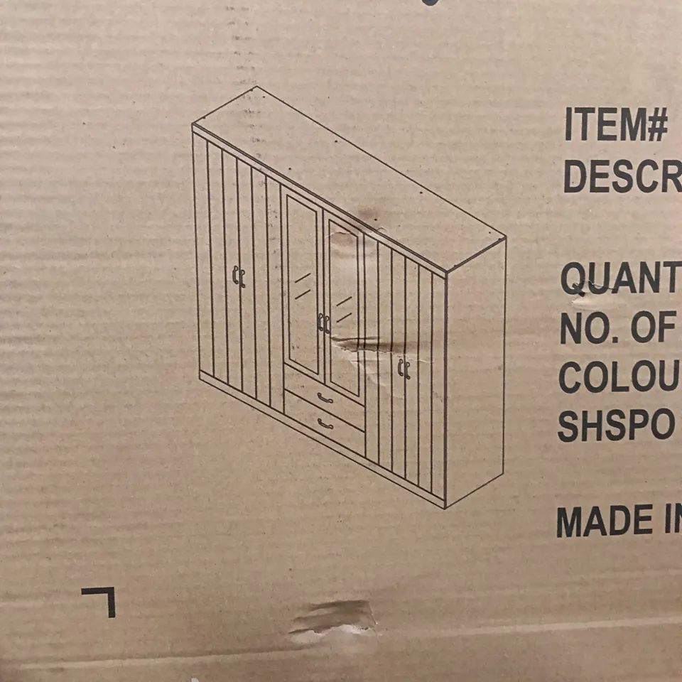 BOXED LIMESTONE 6 DOOR 2 DRAWER WARDROBE WITH MIRROR - WHITE (3 BOXES)