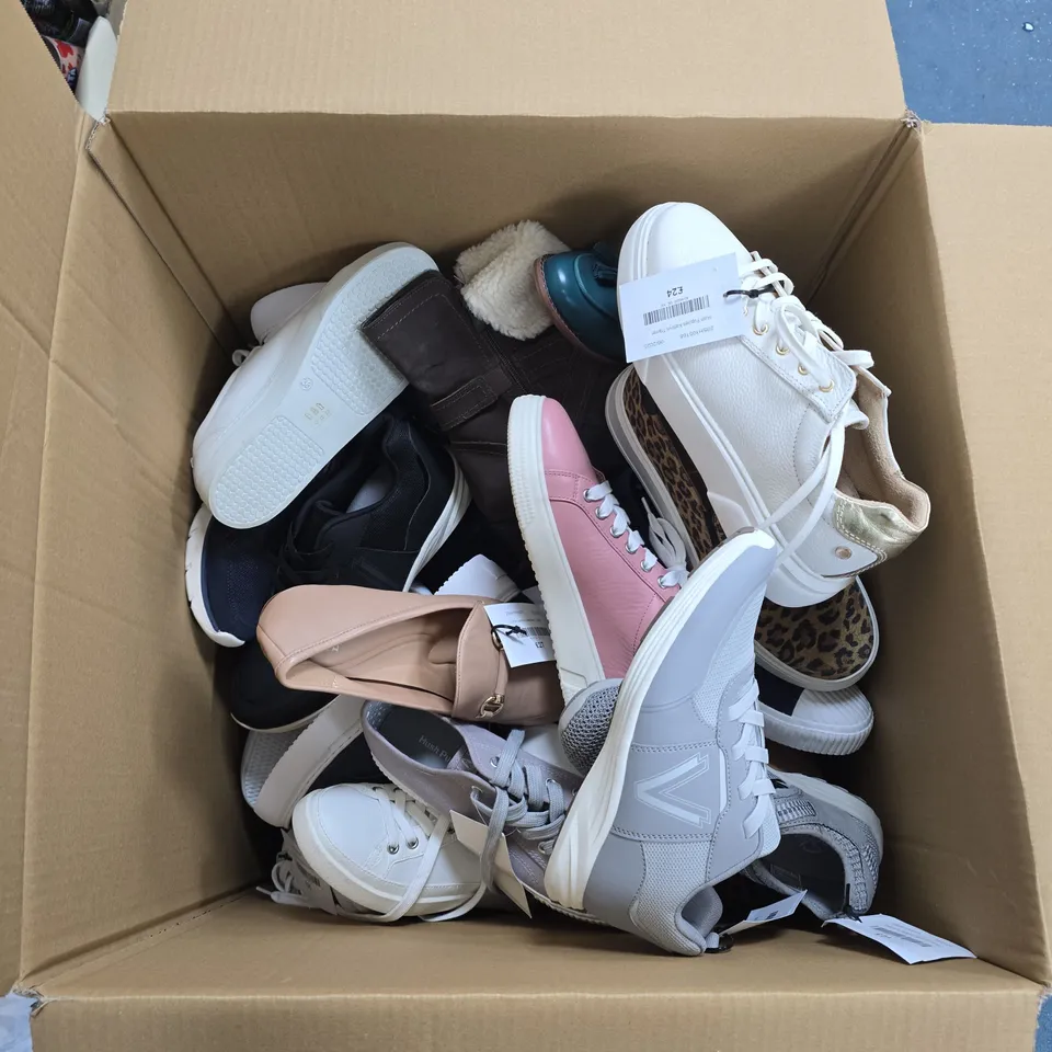 BOX OF APPROXIMATELY 20 PAIRS OF SHOES INCLUDING:BLUE ZIP TRAINERS, SILVER FLORAL TRAINERS AND BROWN HEELED LOAFER
