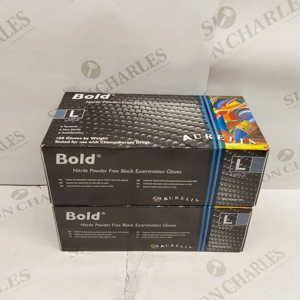 BOX OF APPROXIMATELY 2X 100PCS BOLD NITRILE POWDER FREE BLACK EXAMINATION GLOVES (SIZE LARGE)