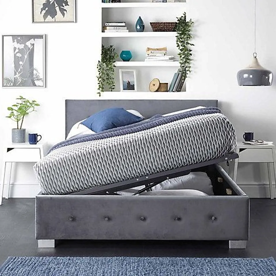 BOXED ASPIRE SIDE OPENING VELVET OTTOMAN BED//SMALL DOUBLE - GREY (2 BOXES)
