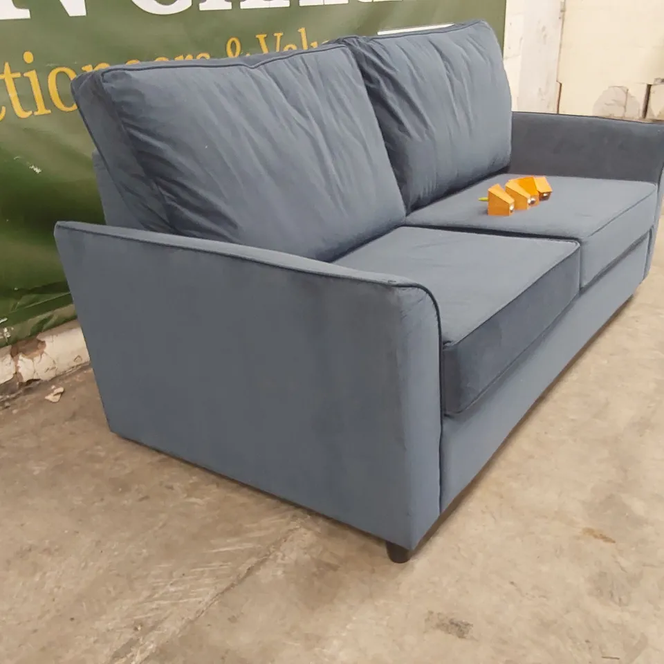 QUALITY DESIGNER 3 SEATER BLUE VELVET SOFA BED