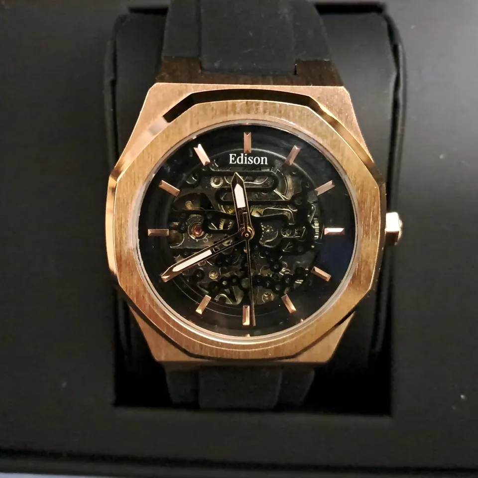 BOXED EDISON AUTOMATIC ROSE GOLD WATCH WITH BLACK DIAL IN HEXAGON CASE