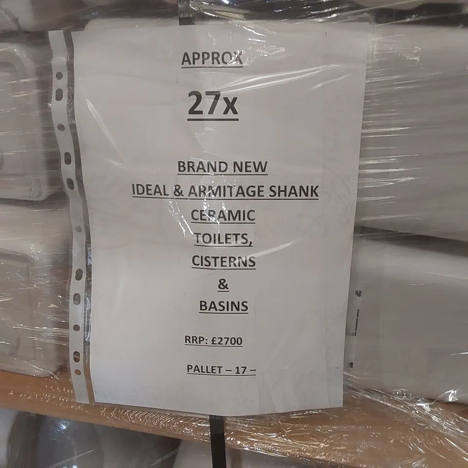 PALLET CONTAINING APPROXIMATELY 27x IDEAL & ARMITAGE SHANK CERAMIC TOILET CISTERNS & BASINS
