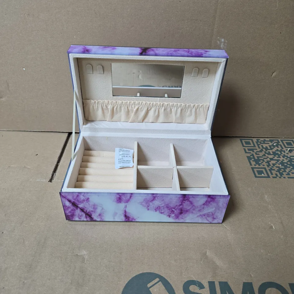 PURPLE GLASS MARBLE EFFECT JEWELLERY DISPLAY BOX WITH BUILT-IN MIRROR