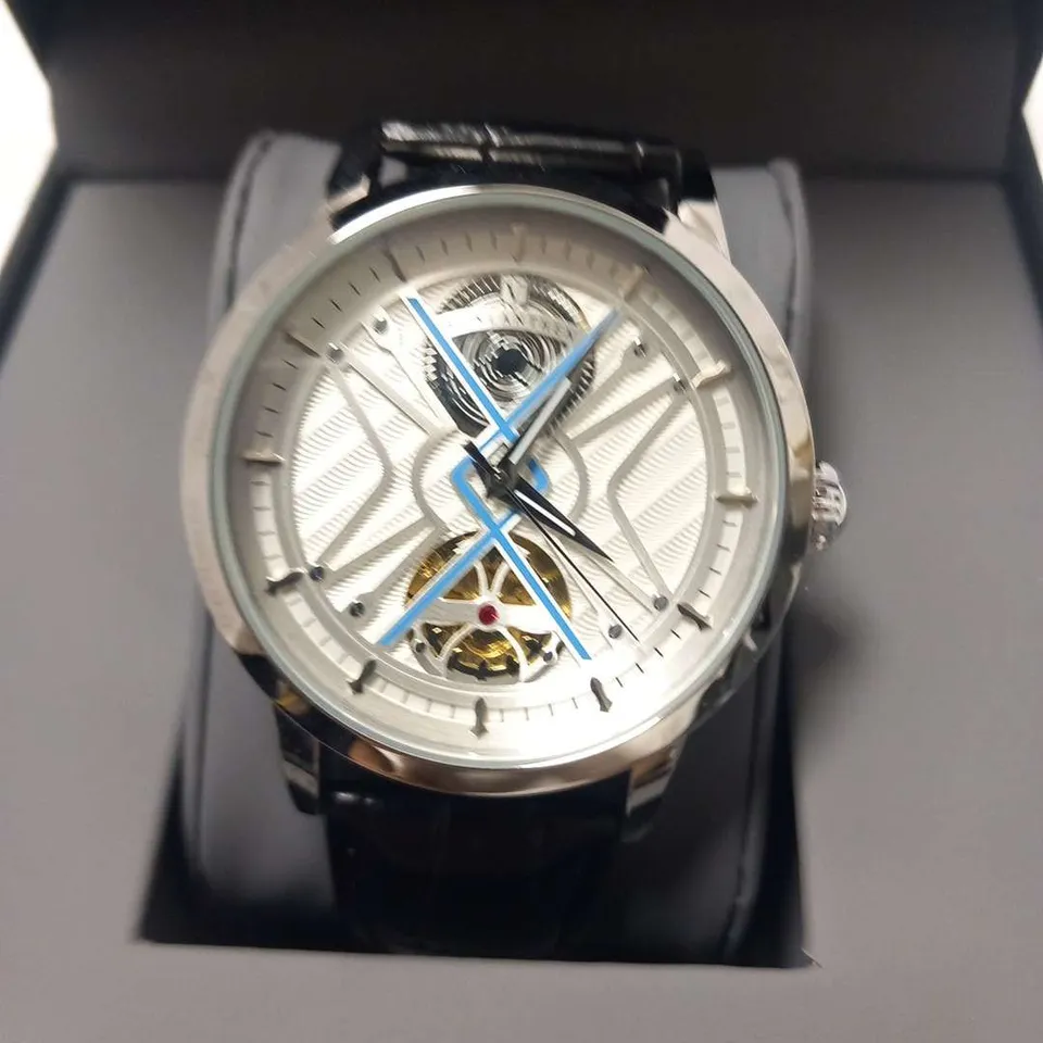 MENS VONLANTHEN AUTOMATIC WATCH – SILVER AND BLUE TEXTURED DIAL - GLASS EXHIBITION BACKCASE – BLACK LEATHER STRAP