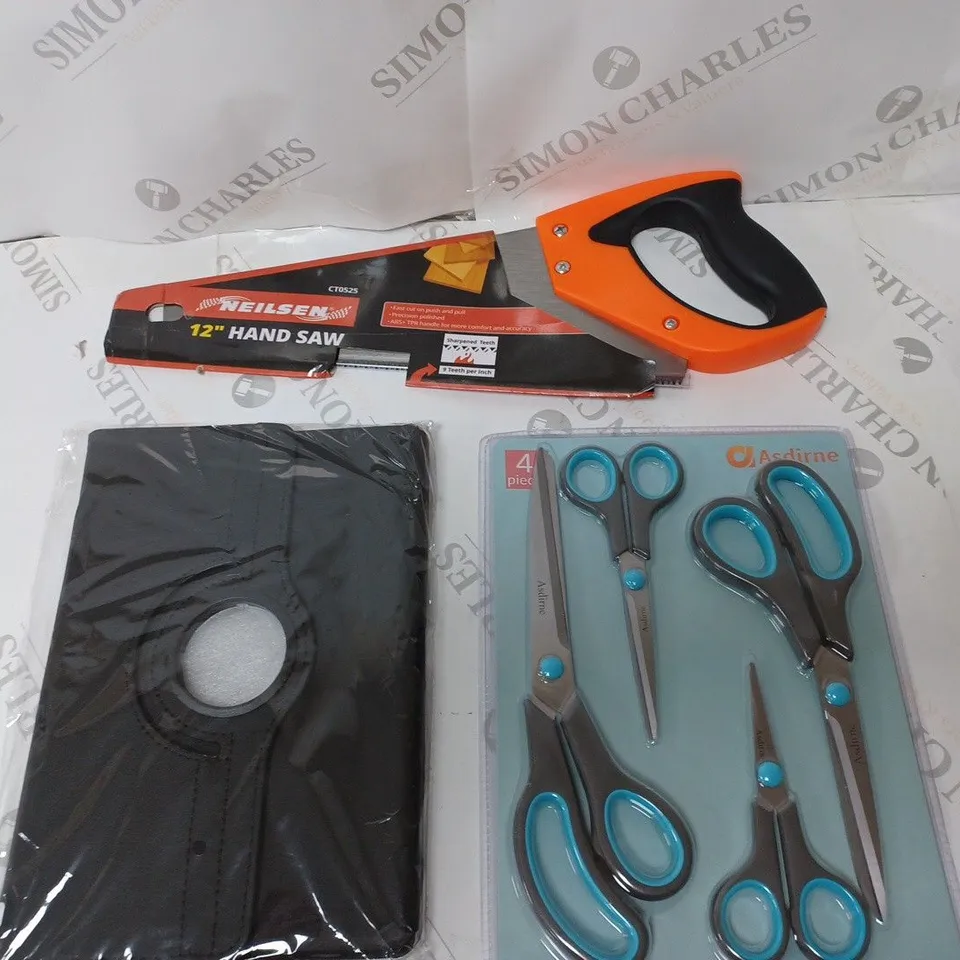 BOX OF APPROXIMATELY 20 ASSORTED HOUSEHOLD ITEMS TO INCLUDE HAND SAW, SCISSORS, IPAD 10 CASE, ETC