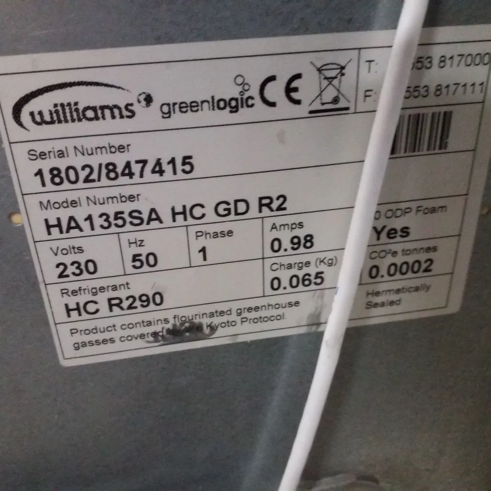 WILLIAMS HA135-SA SINGLE GLASS DOOR 135LTR UNDERCOUNTER REFRIGERATOR