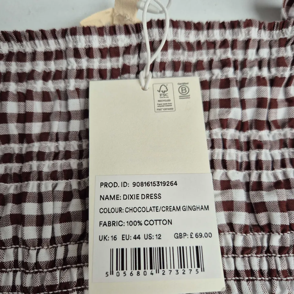OMNES DIXIE DRESS – CHOCOLATE/CREAM GINGHAM – UK 16, 100% COTTON