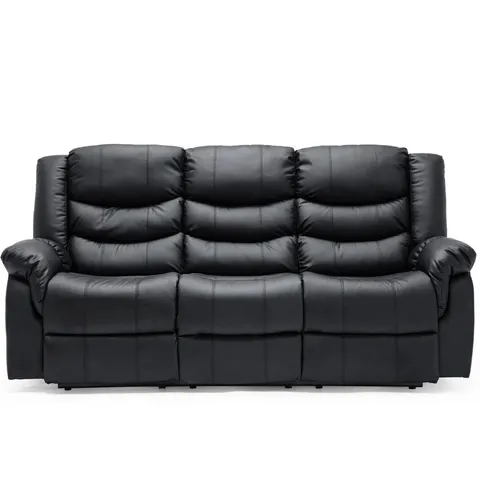 BOXED BLACK FAUX LEATHER MANUAL RECLINING THREE SEATER SOFA (1 BOX)