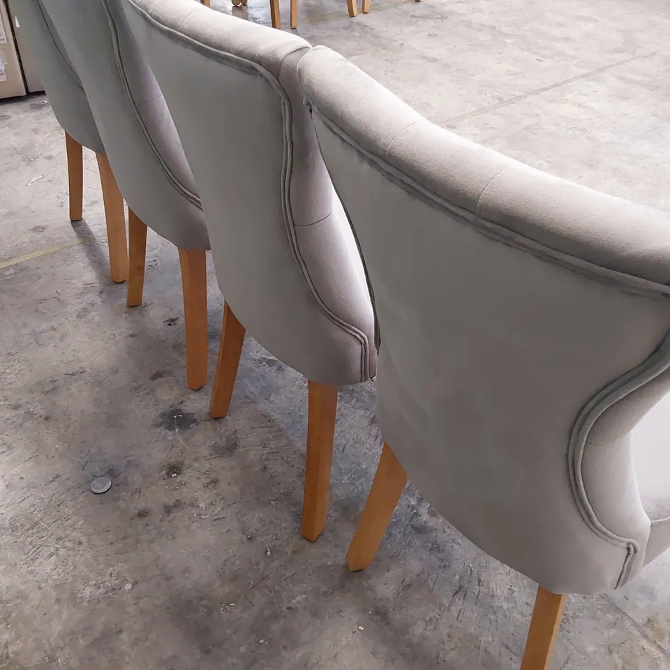 SET OF FOUR UPHOLSTERED BUTTONED BACK DINING CHAIRS GREY PLUSH FABRIC ON NATURAL WOOD LEGS 