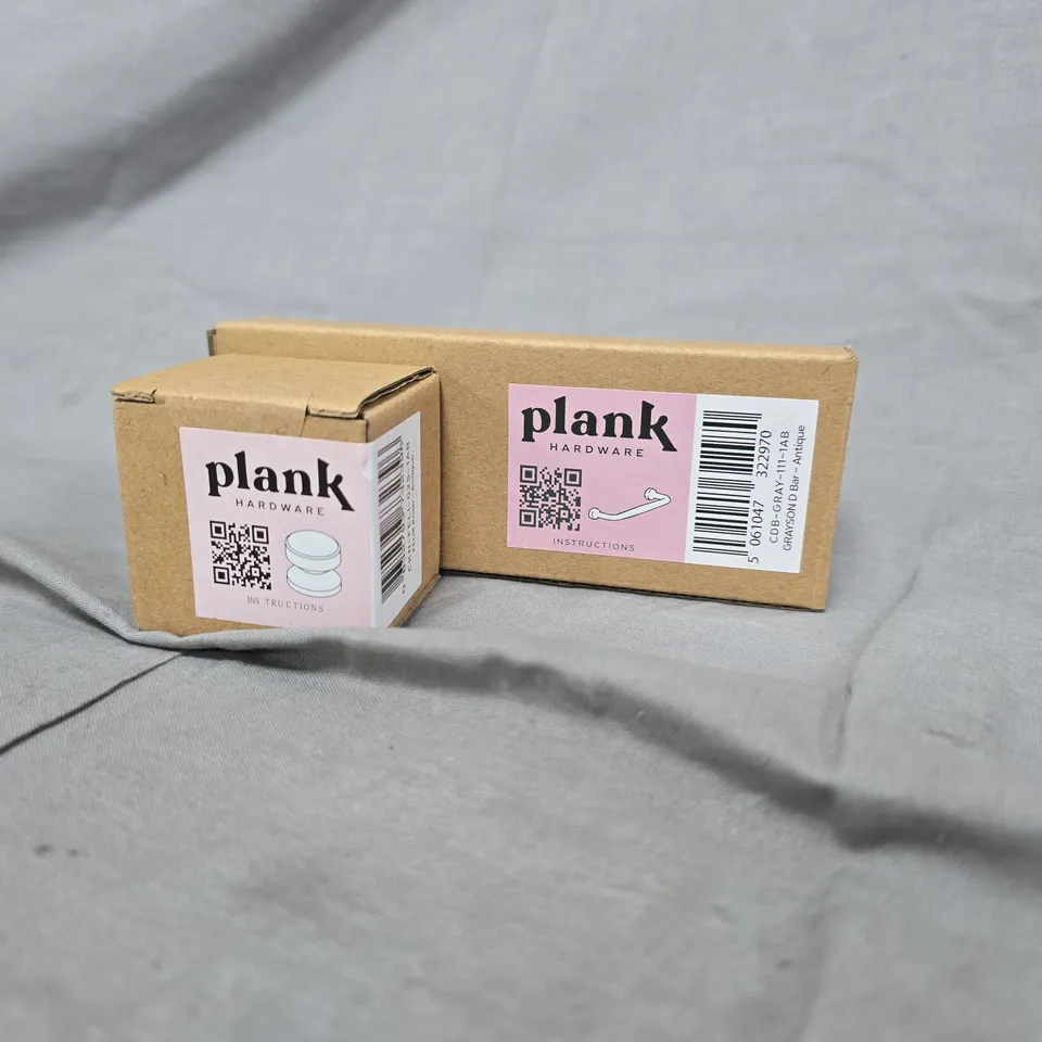 BOXED AND SEALED PLANK HARDWARE GRAYSON D BAR (ANTIQUE) & FELIX KNOB (ANTIQUE)