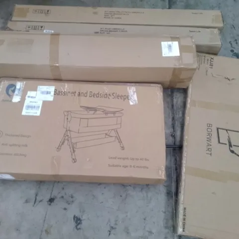 PALLET OF ASSORTED ITEMS INCLUDING 9FT 8RIBS FRILLS PATIO UMBRELLA, BASSINET AND BEDSIDE SLEEPER, MEMORY FOAM MATTRESS TOPPER, BORWART CHALK BOARD